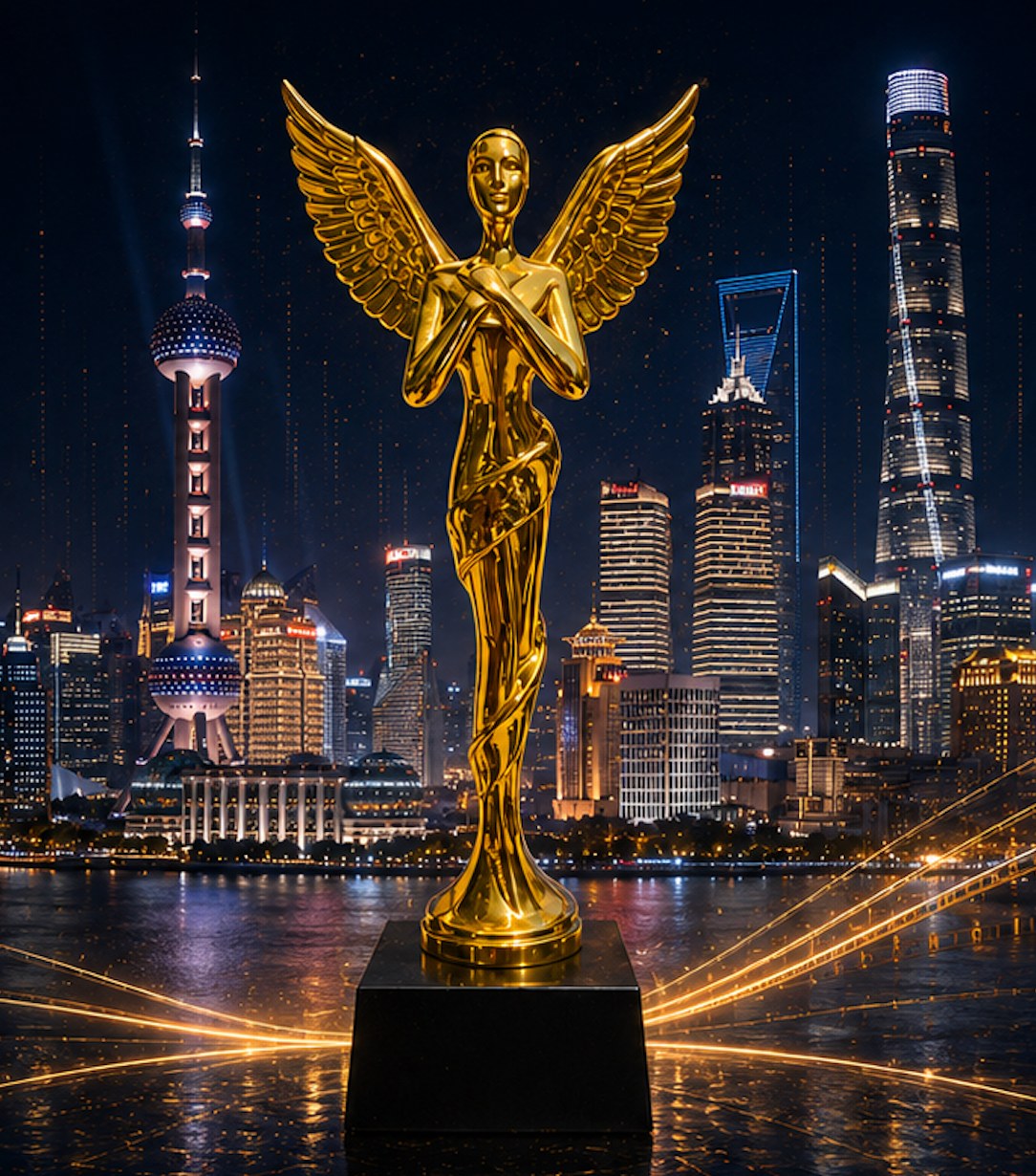 SVAIFF Shanghai golden winged award statue — Oriental Pearl Tower and Lujiazui night skyline